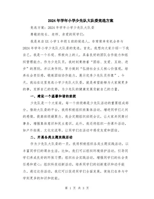 2024年学年小学少先队大队委竞选方案