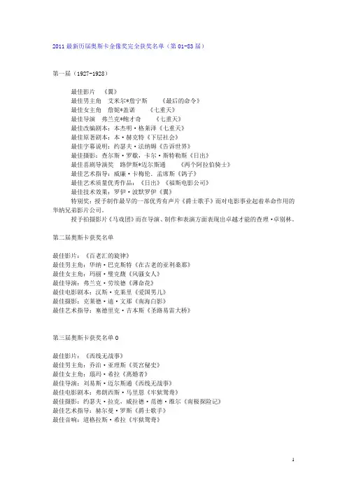 2011最新历届奥斯卡金像奖完全获奖名单(第01-83届)
