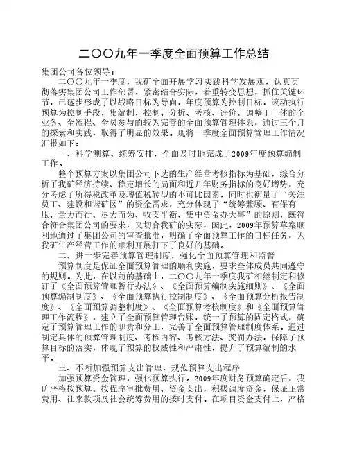 二〇〇九年一季度全面预算工作总结123