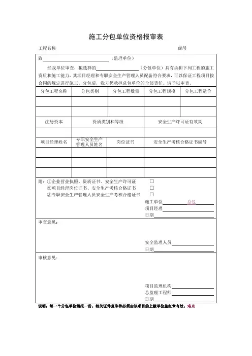 施工分包单位资格报审表