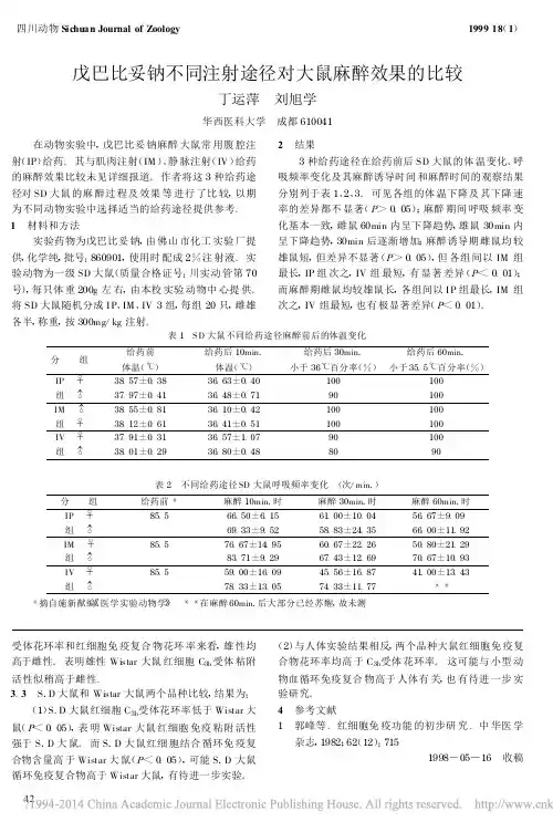 戊巴比妥钠不同注射途径对大鼠麻醉效果的比较