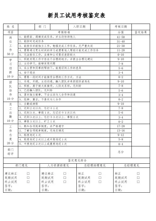 新员工试用考核鉴定表