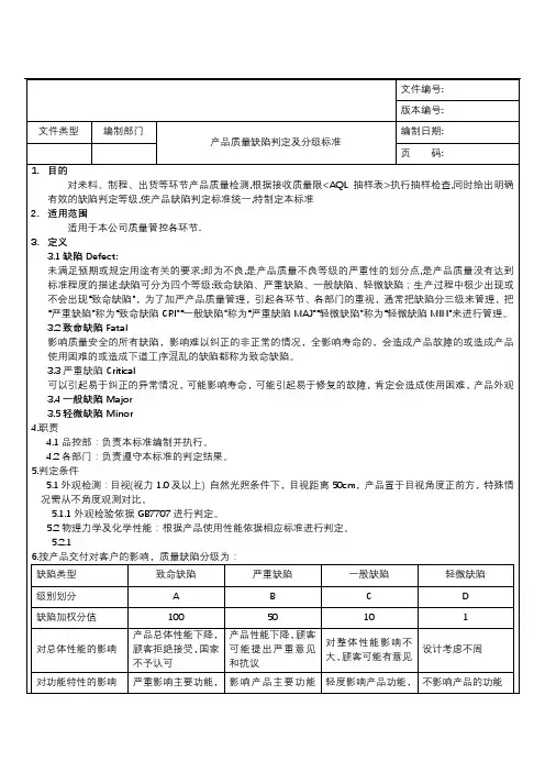 产品质量缺陷判定分级标准
