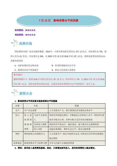 2018年高考政治一轮复习 每日一题(第02周)影响消费水平的因素