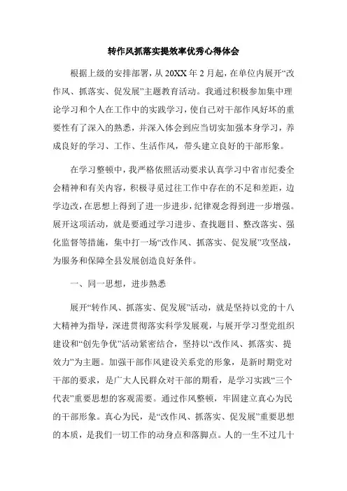 转作风抓落实提效率优秀心得体会