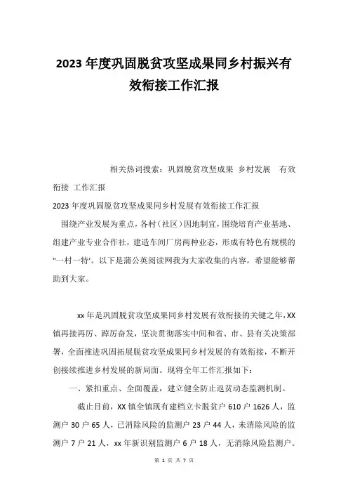 2023年度巩固脱贫攻坚成果同乡村振兴有效衔接工作汇报
