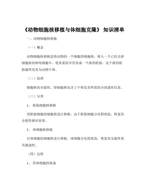 《动物细胞核移植与体细胞克隆》 知识清单