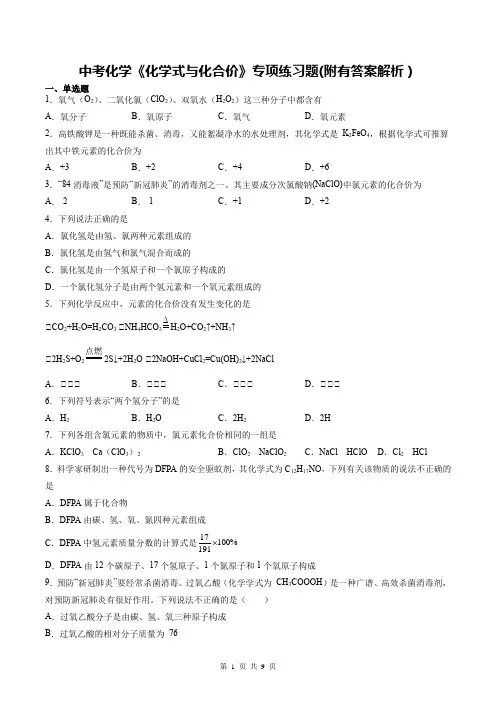中考化学《化学式与化合价》专项练习题(附有答案解析)