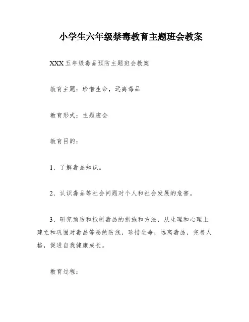 小学生六年级禁毒教育主题班会教案