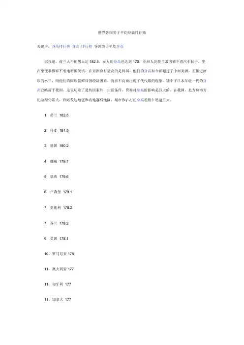 世界各国男子平均身高排行榜