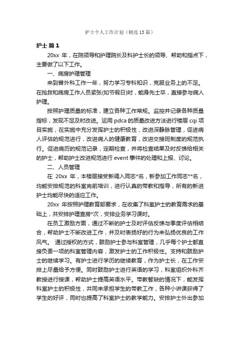 护士个人工作计划（精选13篇）