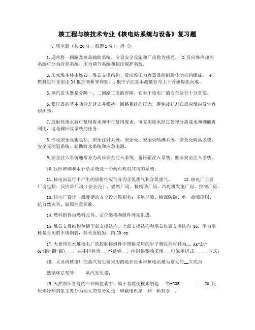 核工程与核技术专业《核电站系统与设备》复习题