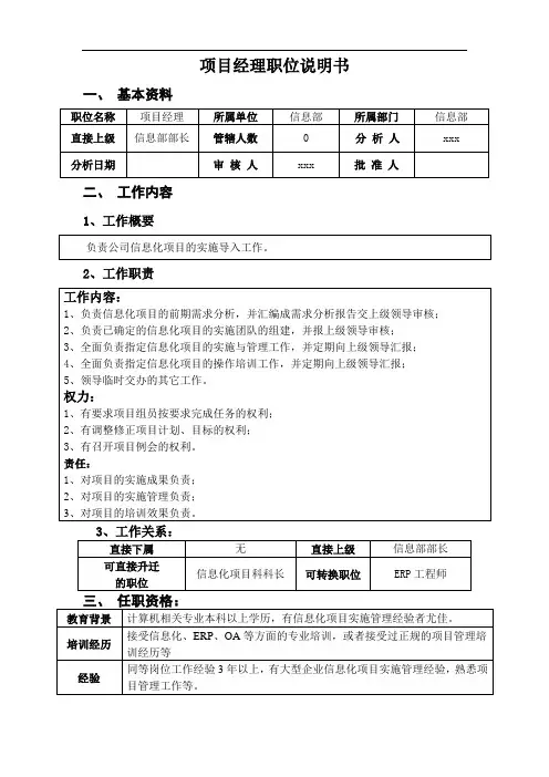项目经理职位说明书