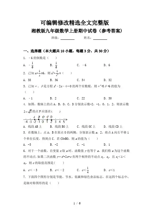 湘教版九年级数学上册期中试卷(参考答案)精选全文完整版