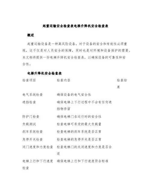 起重运输安全检查表电梯升降机安全检查表