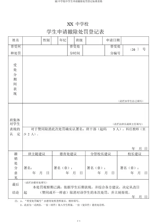 XX中学校中学生申请撤销处分登记标准表格