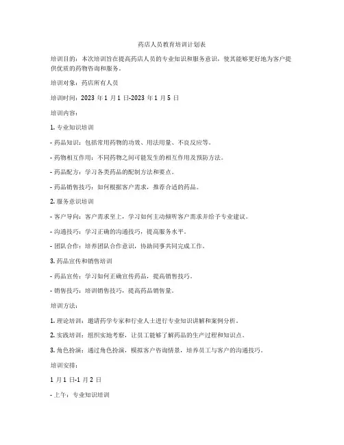 药店人员教育培训计划表