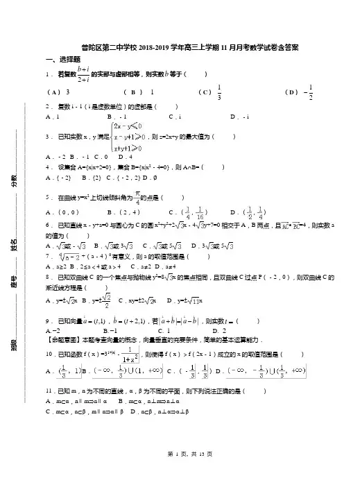 普陀区第二中学校2018-2019学年高三上学期11月月考数学试卷含答案(1)