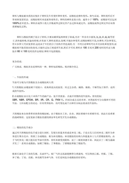塑料与橡胶最本质的区别在于塑料产生形变时塑性变形而橡胶是弹性