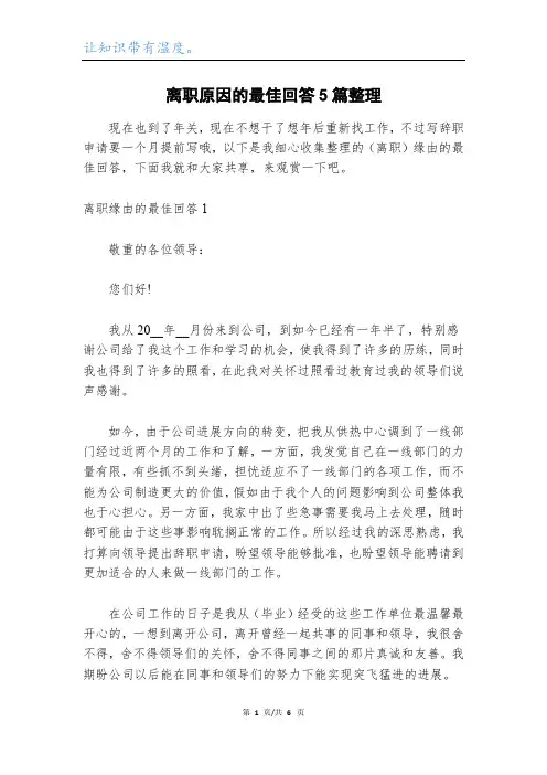离职原因的最佳回答5篇整理