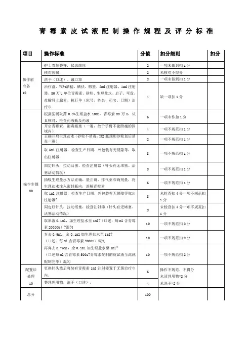 青霉素皮试液操作考核评分标准2