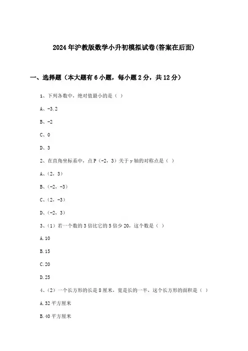 沪教版数学小升初试卷与参考答案(2024年)