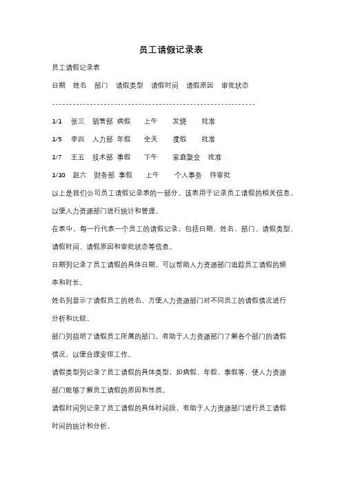 员工请假记录表