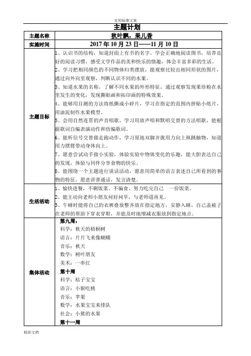 小班主题计划清单《秋叶飘果儿香》