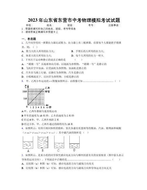 2023年山东省东营市中考物理模拟考试试题及解析