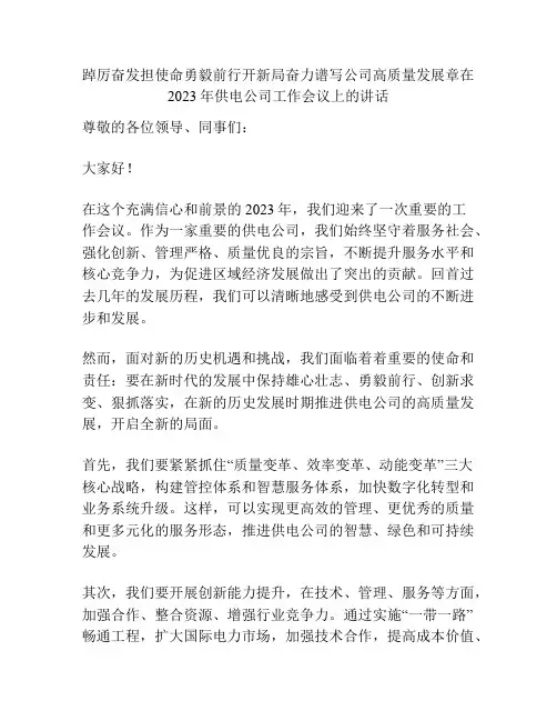 踔厉奋发担使命勇毅前行开新局奋力谱写公司高质量发展章在2023年供电公司工作会议上的讲话