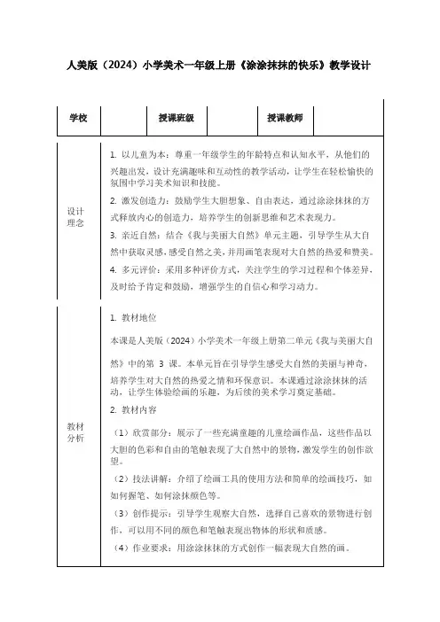 人美版(2024)小学美术一年级上册《涂涂抹抹的快乐》教学设计