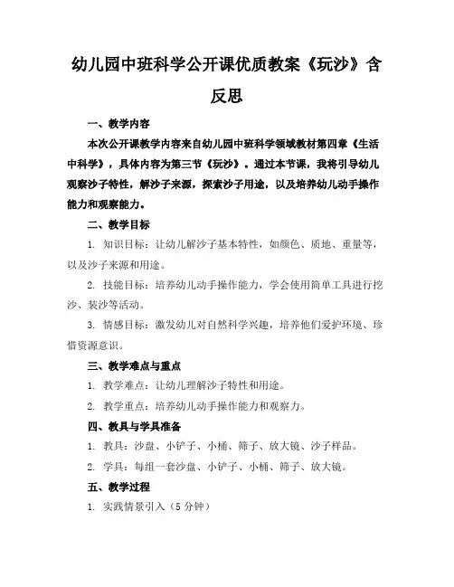 幼儿园中班科学公开课优质教案《玩沙》含反思