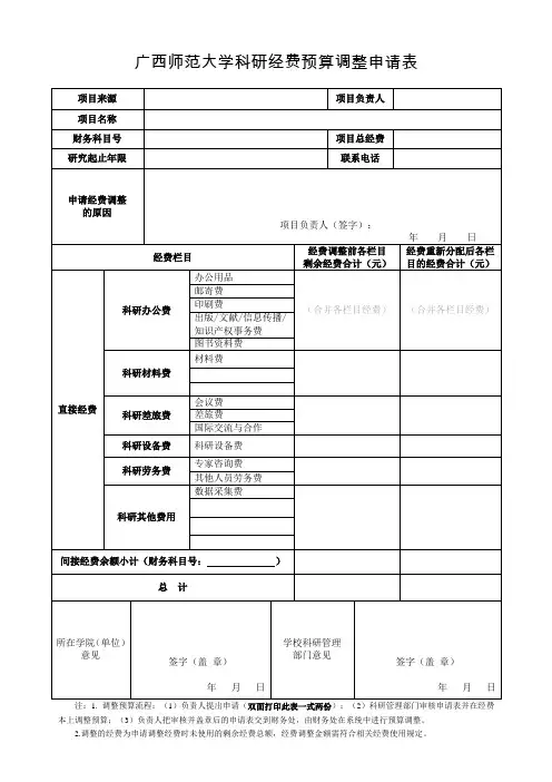 广西师范大学科研经费预算调整申请表