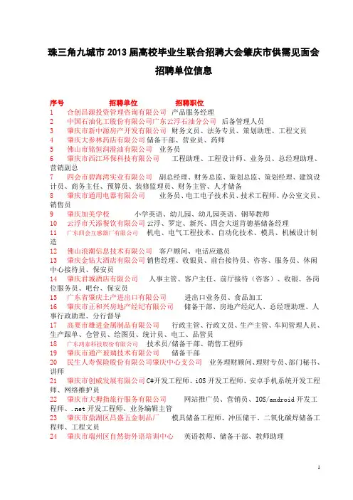 珠三角九城市2013届高校毕业生联合招聘大会供需见面会招聘单位
