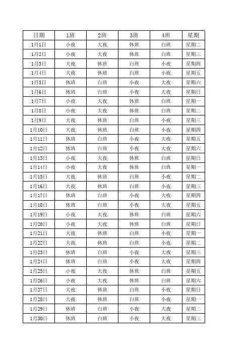 2013年四班三运转倒班表