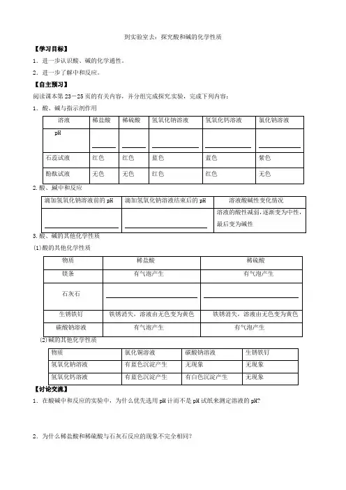 鲁教版九年级化学下册学案到实验室去：探究酸和碱的化学性质