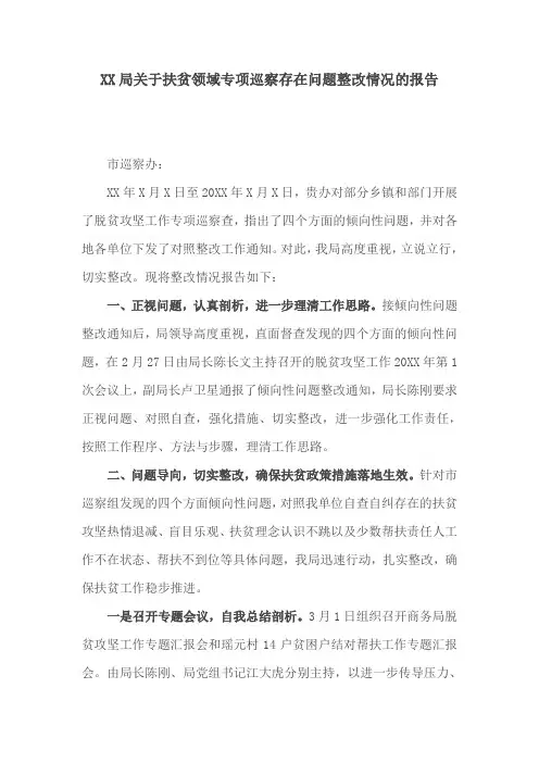 XX局关于扶贫领域专项巡察存在问题整改情况的报告