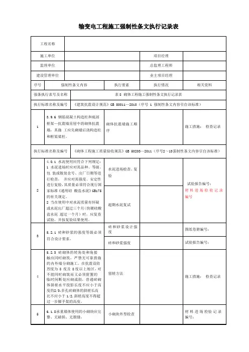 砌体工程施工强制性条文执行记录表