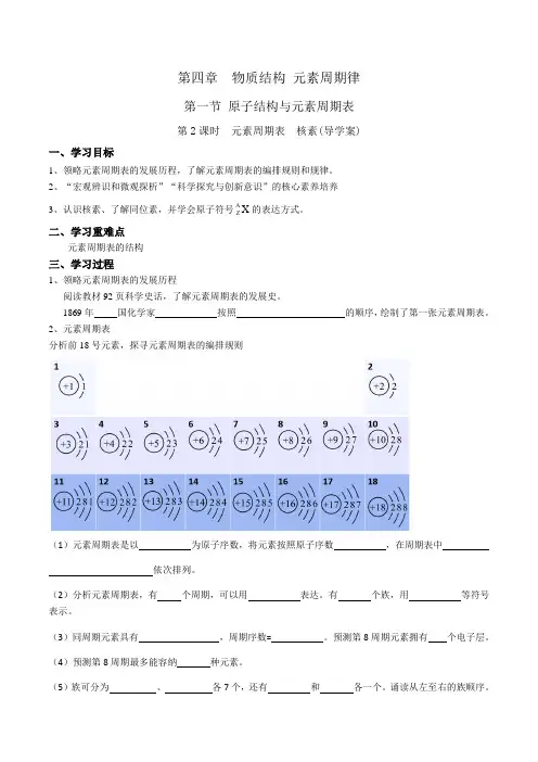 课时7446元素周期表核素学案设计第四章第一节第二课时《元素周期表核素》