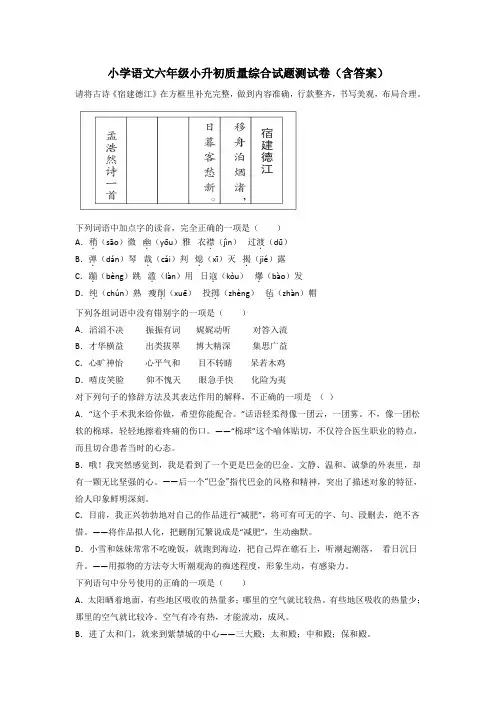 小学语文六年级小升初质量综合试题测试卷(含答案)