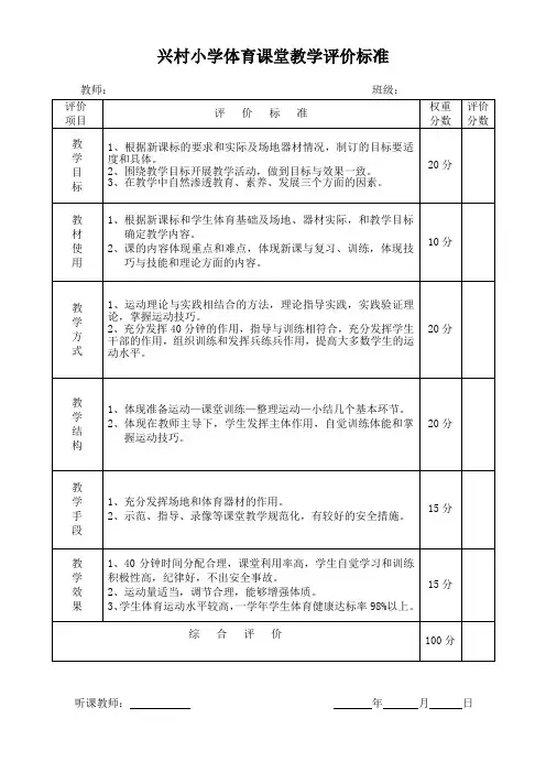 体育课堂教学评价标准