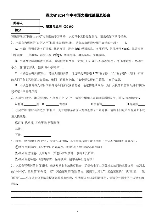 湖北省2024年中考语文模拟试题及答案3