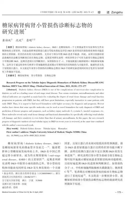 糖尿病肾病肾小管损伤诊断标志物的研究进展