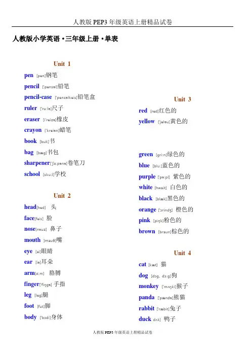 人教版PEP小学英语三年级·单词表(带有音标)