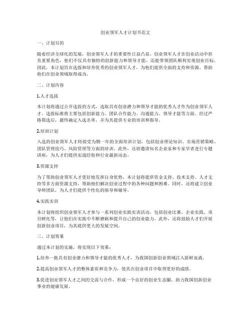 创业领军人才计划书范文
