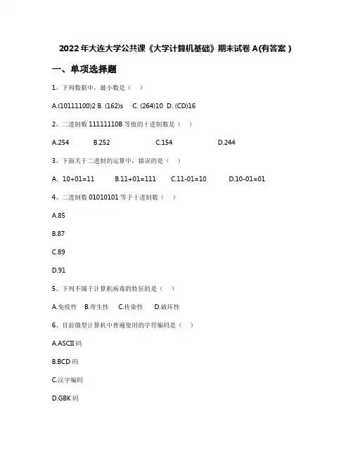 2022年大连大学公共课《大学计算机基础》期末试卷A(有答案)
