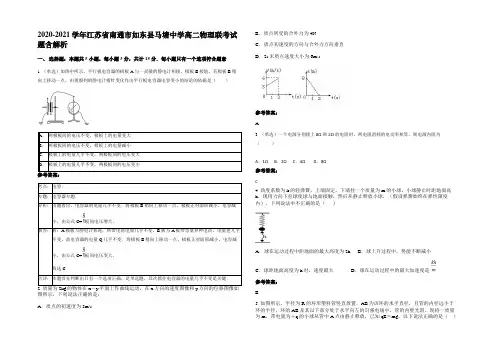 2020-2021学年江苏省南通市如东县马塘中学高二物理联考试题含解析
