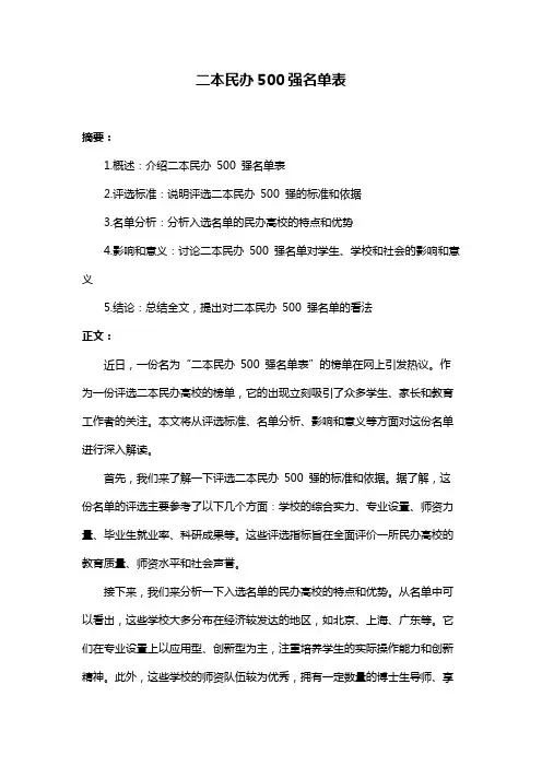 二本民办500强名单表