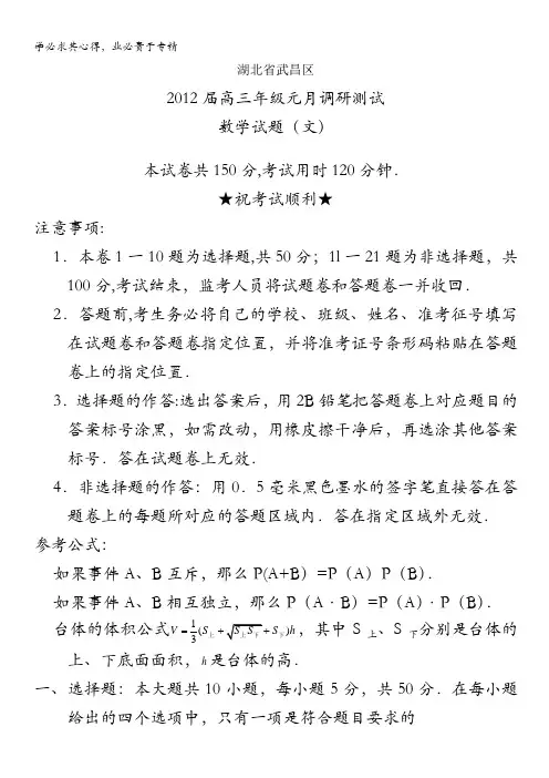 湖北省武昌区2012届高三元月调研测试(数学文)