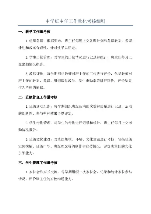 中学班主任工作量化考核细则